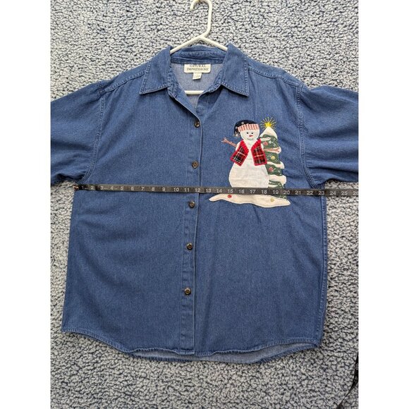 VTG 90s Denim Button Up Shirt Size L Snowman Christmas Grandma Cottagecore Blue - Picture 8 of 10